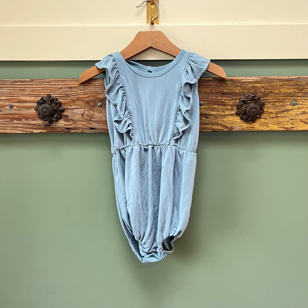 Kyte Baby 3T Slate Blue Bamboo Ruffle Bubble Romper Sleeveless Toddler One Piece